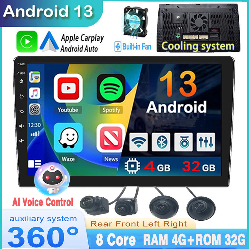 [พัดลมระบายความร้อนในตัว] 8 Core Android 13 Car Stereo Carplay Android Auto 9 10 นิ้วเครื่องเล่นวิดีโอมัลติมีเดียบลูทู ธ GPS 2din 360 กล้องสเตอริโอ AI ควบคุมเสียง