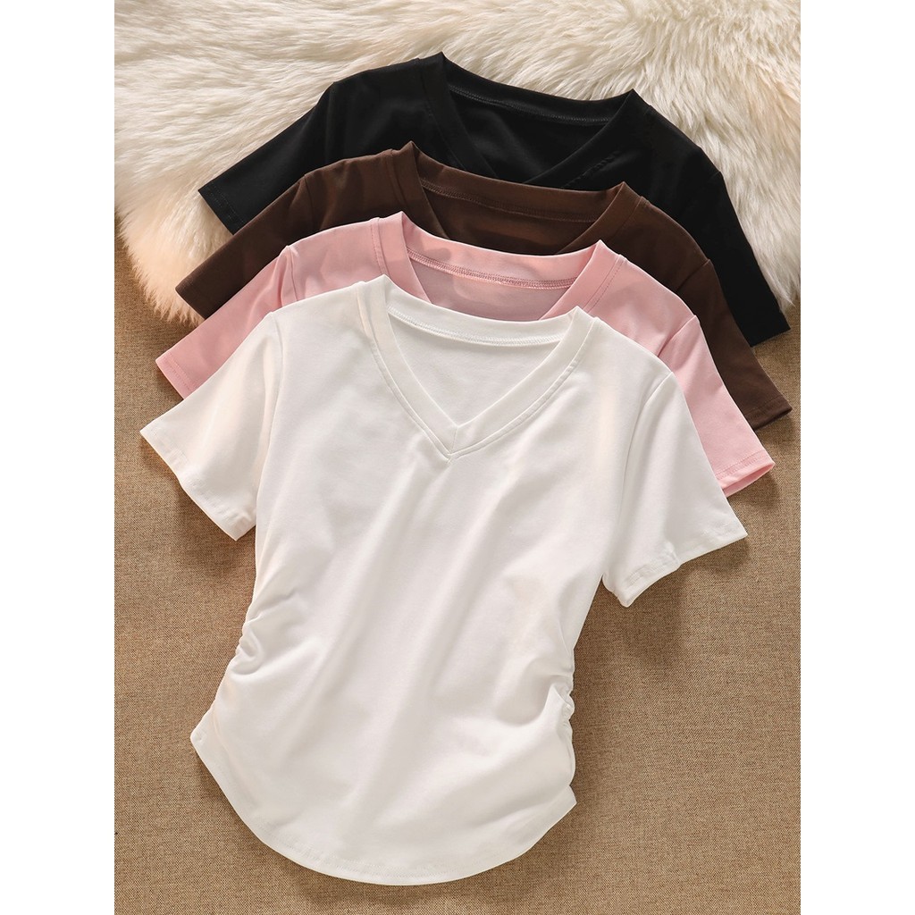 SELVZE（จัดส่งตลอด 24 ชั่วโมง）crop top，สไตล์เกาหลีที่เรียบง่ายสีทึบคอ V แขนสั้นด้านบนผู้หญิง GB33