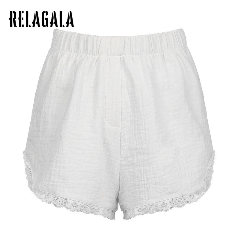 Relagala กางเกงขาสั้น ทรงหลวม แต่งลูกไม้ กระดุมแถวเดียว สีพื้น แฟชั่นสําหรับสตรี 2024