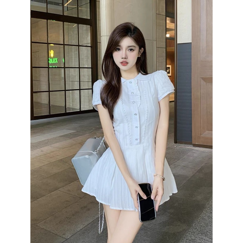 มินิ เดรสสีขาว ชุดน่ารักสไตล์เกาหลี เจ้าหญิง กระโปรงสาวอวบ กระโปรงทรงเอ ชุดราตรี