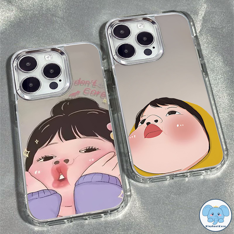 การ์ตูนน่ารักตลกหยิกหน้าสาวใสหรูหราชุบโลหะฝาครอบเลนส์ iPhone 11 12 13 15 XR 14 Pro Max 7 8 Plus 14 12 Pro SE X XS Max