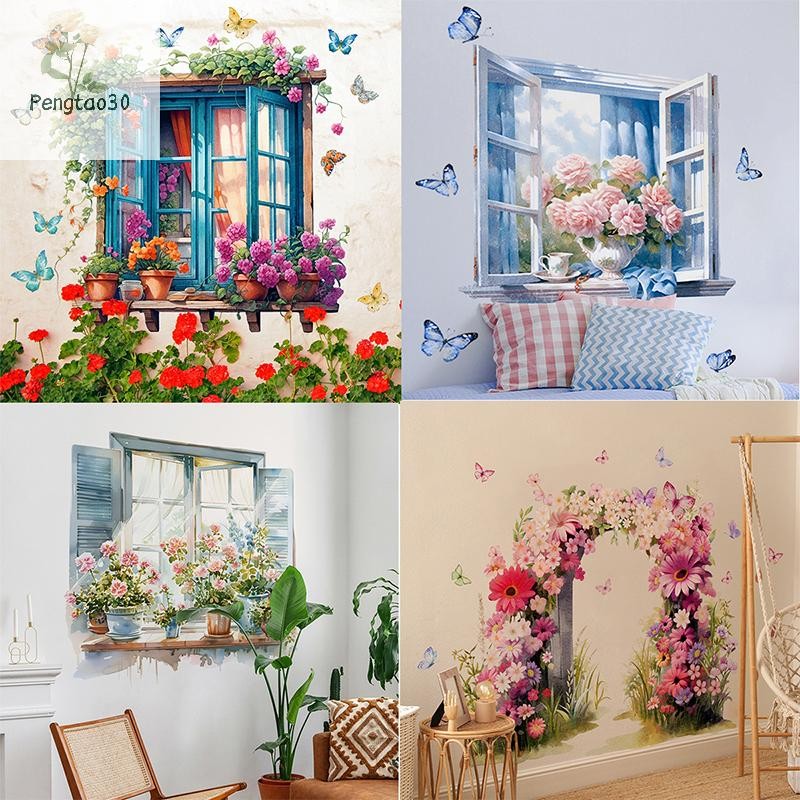 [Eao] 2pcs หน้าต่างดูภาพวาดสติ๊กเกอร์ติดผนังแว่นตาฟรี 3D Wall Decor Peel และ Stick สติ๊กเกอร์ติดผนังสําหรับห้องนั่งเล่นห้องน้ํา [TH]