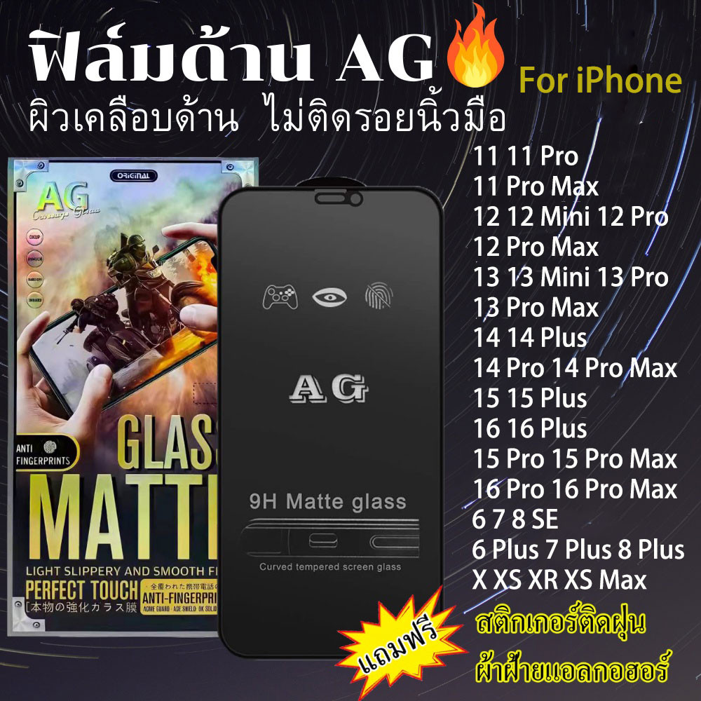 ฟิล์มกระจกเต็มจอแบบด้าน AG For iPhone 11 12 13 14 15 16 Pro Max Plus 13 Mini 6 7 8 Plus X XS Max XR ฟิล์มกระจก กันรอย