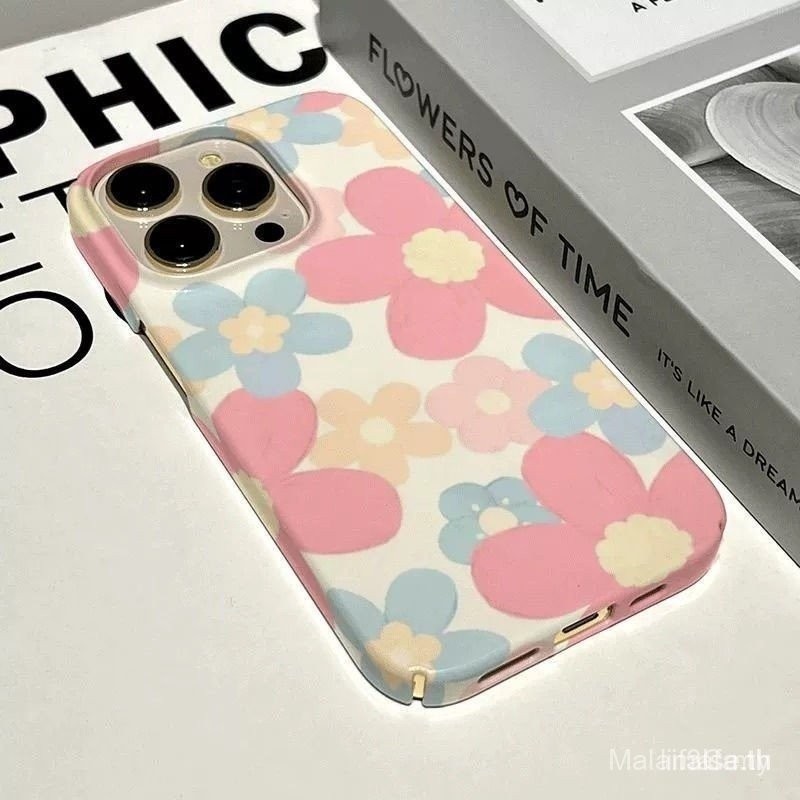 เคสป้องกันดอกไม้สีชมพูฟ้าบานสะพรั่ง สำหรับ iPhone 16 Pro Max เคสแข็ง 15 14 Pro Max XS Max Half Pack 11 Pro 8 Plus กันกระแทก 15 14 16 Pro กันฝุ่น 13 Pro Max XS 0BTR