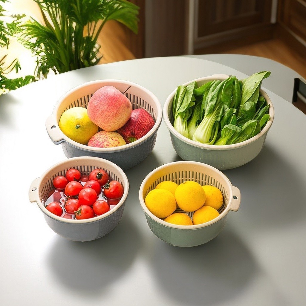 711 ชุดตระกร้ากรอง ตระกร้าล้างผัก กะละมังล้างผักผลไม้ 2in1 พร้อมตะกร้า 2 ชั้น 3 ขนาด พลาสติก พร้อมส่ง - รูปที่ 4