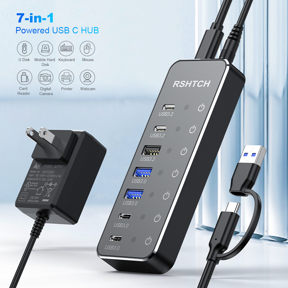 Rshtech 7-IN-1 USB Hub 10Gbps Data Transfer สวิตช์สัมผัสส่วนบุคคล USB-C Extension Splitter สําหรับแล็ปท็อปอุปกรณ์เสริมคอมพิวเตอร์