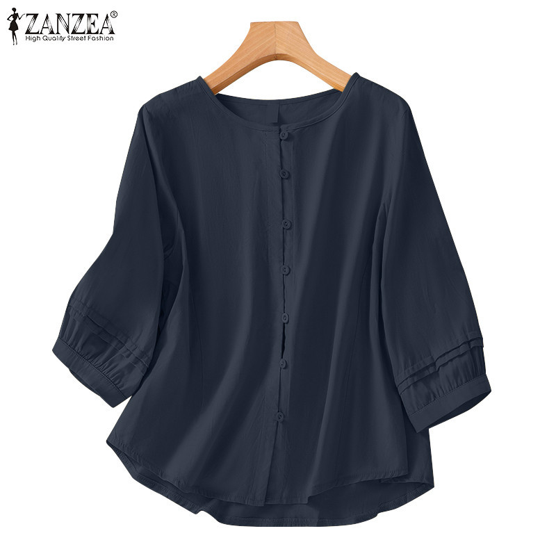 Zanzea เสื้อเบลาส์ คอกลม แขนสามส่วน สีพื้น สไตล์เกาหลี สําหรับผู้หญิง