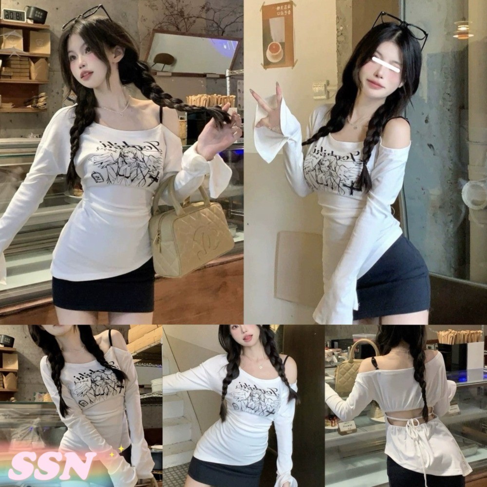 (จัดส่งจากประเทศไทย) เสื้อยืดแขนยาวพิมพ์ลายแฟชั่นเซ็กซี่สำหรับผู้หญิง