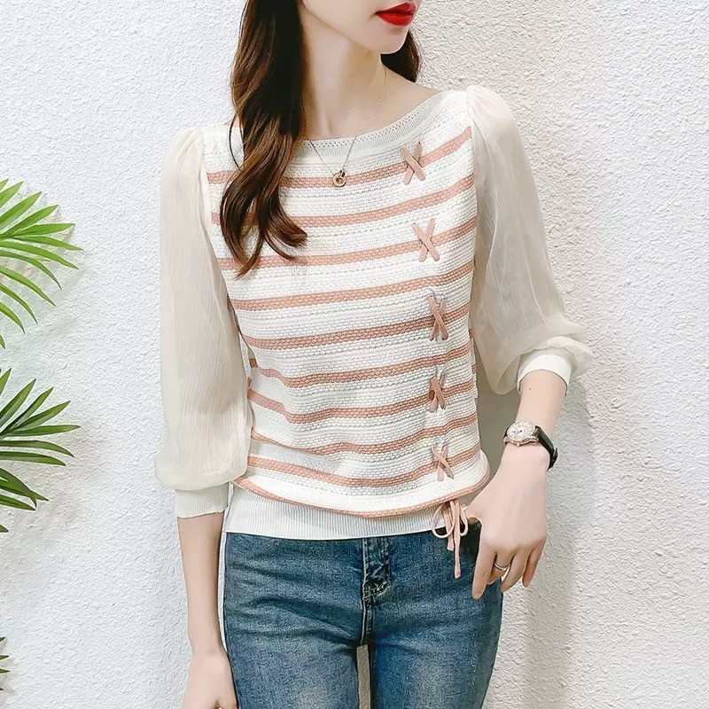 เสื้อกันหนาวแขนสามส่วน ผ้าเรยอน แบบบาง ลายทาง แฟชั่นฤดูใบไม้ผลิ สําหรับผู้หญิง