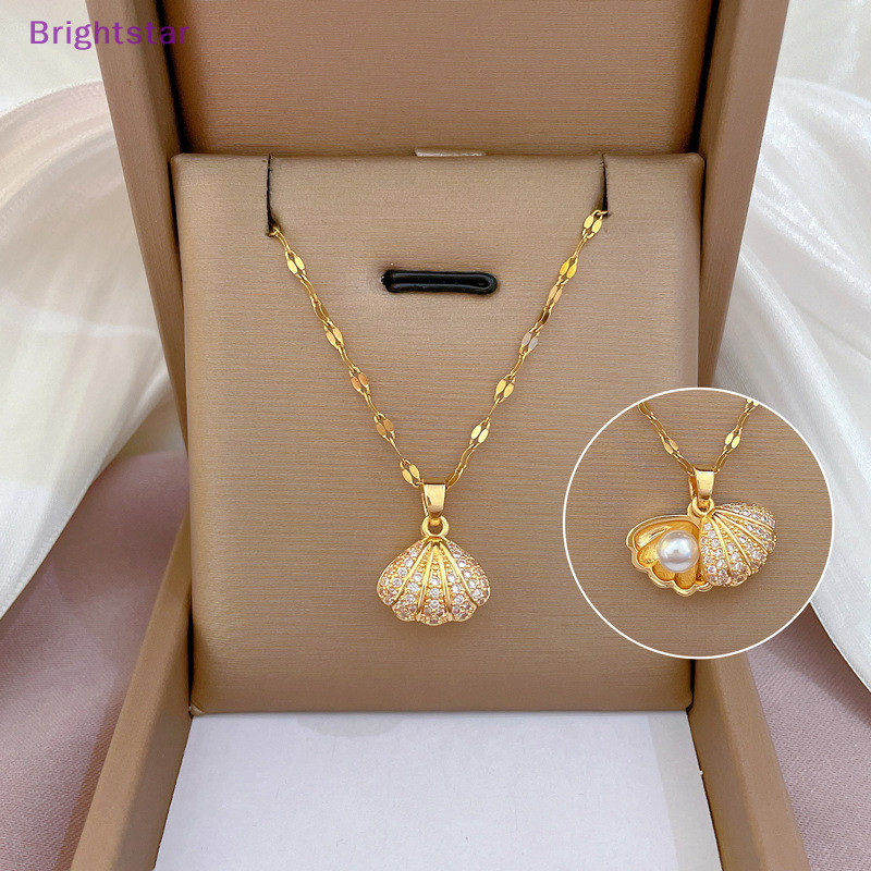 Brightstar สร้อยคอ จี้เปลือกหอย ประดับมุก พลอยเทียม ไทเทเนียม สําหรับผู้หญิง