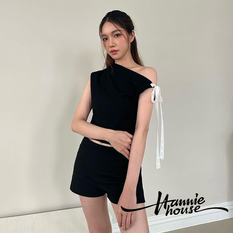 Hannie- เสื้อกล้าม ผูกไหล่ข้างเดียว สีตัดกัน สําหรับผู้หญิง