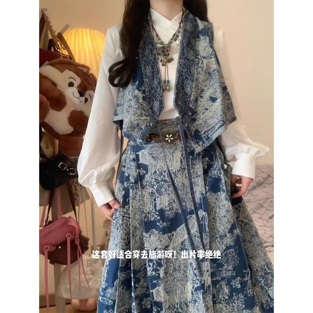 【Crush Molly】 New Chinese style printed horse-face dress for women 2024 spring and autumn new product improved lace cardigan top pleated skirt set