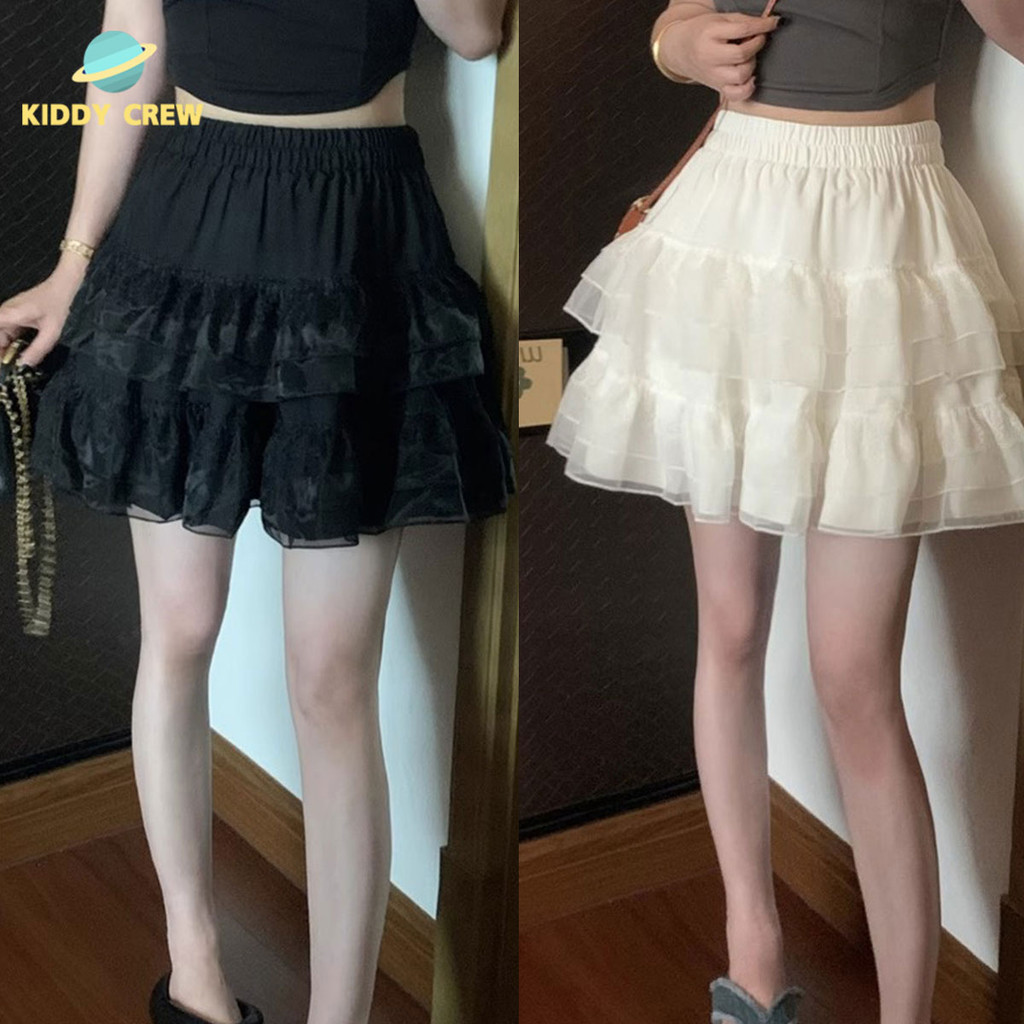 กระโปรงสั้น แต่งลูกไม้น่ารักๆ เป็นชั้น สีขาว สีดำ สำหรับผู้หญิงY2k สไตล์เกาหลี – โปรปัง