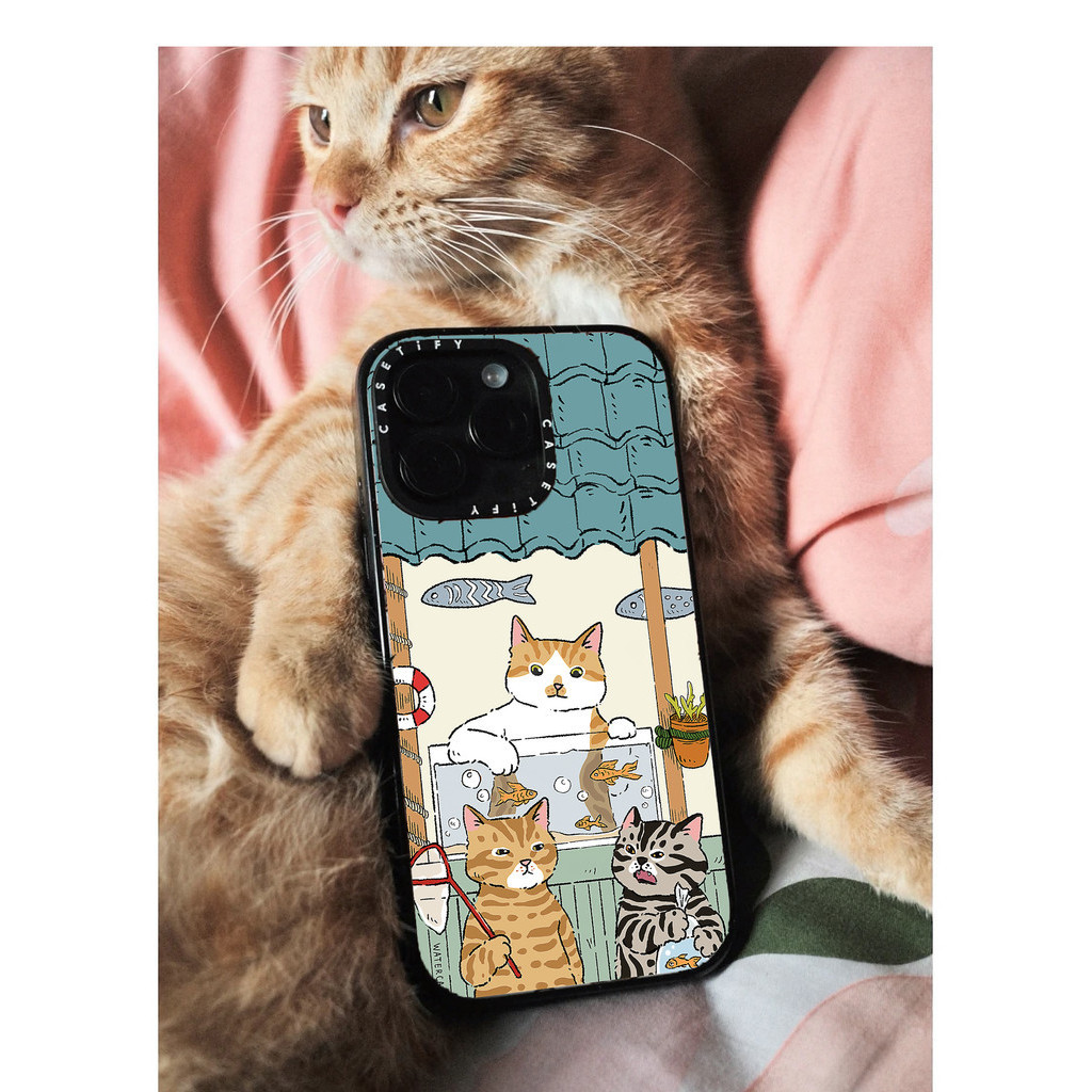 Casetify X Cats Fish Store เคสโทรศัพท์มือถืออะคริลิค TPU แข็ง ใส ปิดด้านหลัง ขอบขาวดํา พร้อมกล่อง มีสายรัดด้านข้าง สําหรับ Apple IPhone 11 12 13 14 15 Pro Max