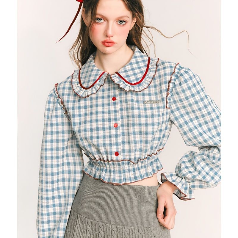 ใหม่ เสื้อเชิ้ต แขนยาว คอตุ๊กตา ลายสก็อต ทรงหลวม สไตล์ฝรั่งเศส เหมาะกับฤดูใบไม้ผลิ ฤดูร้อน สําหรับผู้หญิง 2023 0QKO