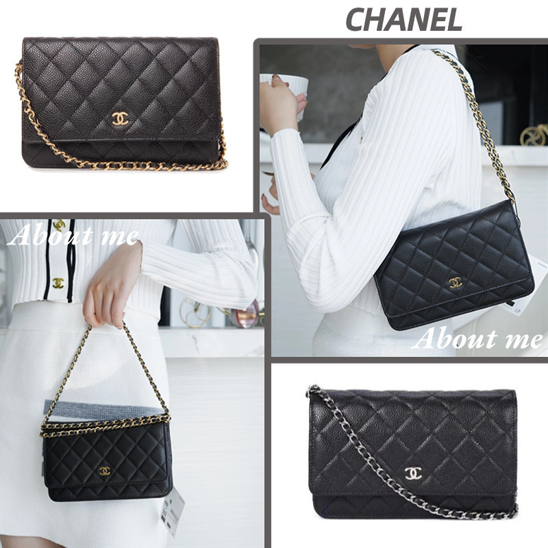 :Hot ขายชาแนลแท้ Chanel Caviar WOC Chain Bag Messenger Bag Flap Bag สุภาพสตรี