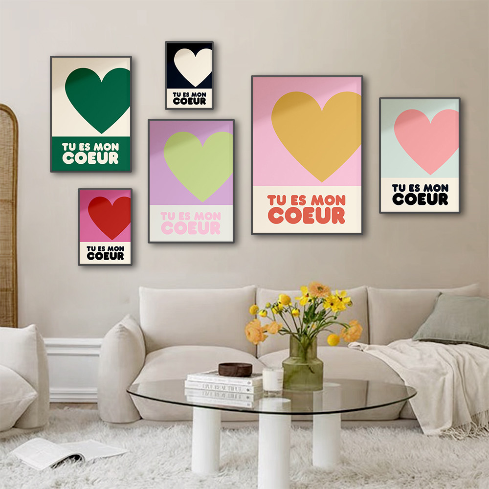 Tu Es Mon Coeur โปสเตอร์ภาพวาดผ้าใบ รูปหัวใจ สีสันสดใส สําหรับตกแต่งผนังห้องนอน บ้าน ของขวัญคู่รัก
