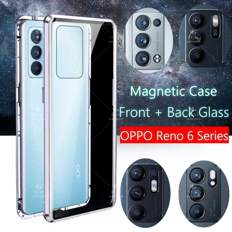 เคสโทรศัพท์มือถือกระจกนิรภัยแข็ง ฝาพับแม่เหล็ก สองด้าน ป้องกัน 360 องศา สําหรับ OPPO Reno 6 Pro Plus Reno6Pro 5G 4G