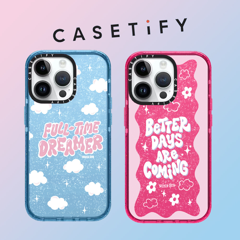 Casetify เคสโทรศัพท์มือถือแบบนิ่ม TPU กันกระแทก ลายก้อนเมฆ แต่งกลิตเตอร์ภาษาอังกฤษ สําหรับ iPhone 15 Pro Max 14 ProMax plus 13 12 12Pro 12PM 11