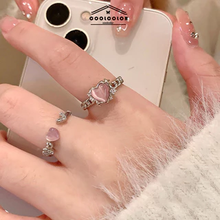 ในไทย💖แหวนการเปิดสีชมพูตาแมวหัวใจเพทายแฟชั่นสไตล์เกาหลีบุคลิกภาพแหวนนิ้วcoolcolor-th.COD