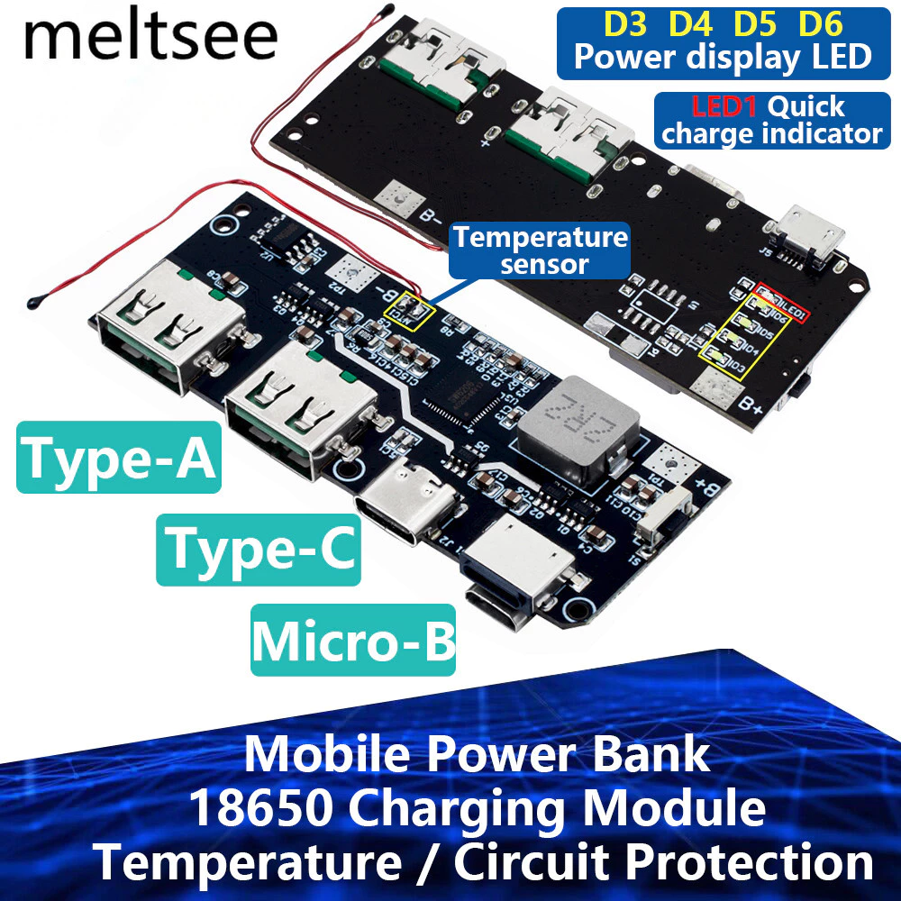 Qc4.0 QC3.0 LED Dual USB 5V 4.5A 22.5W Micro/Type-C USB 18650 ชาร์จโมดูลอุณหภูมิ/วงจรป้องกัน