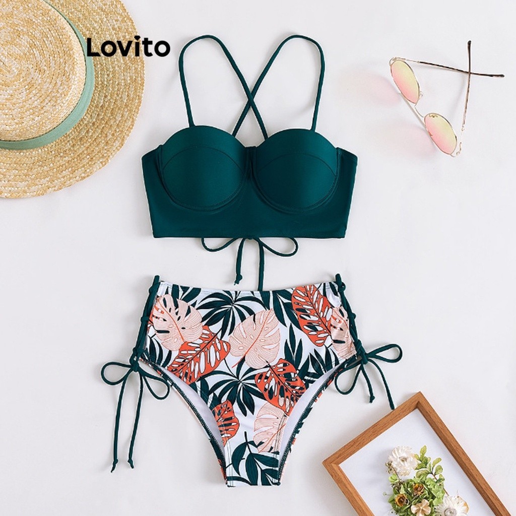 Lovito ชุดเซ็ทบิกินี่ผู้หญิง มีเชือกผูก ลายทรอปิคอล สไตล์โบโฮ LNL37117 (สีเขียว)