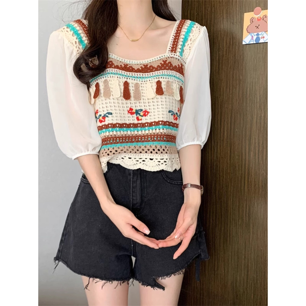DODO✨พร้อมส่ง✨เสื้อถักไหมพรม คอเหลี่ยม เสื้อถักไหมพรม แขนสั้นผ้าชีฟอง สีพาสเทลใส่สบาย(72026)