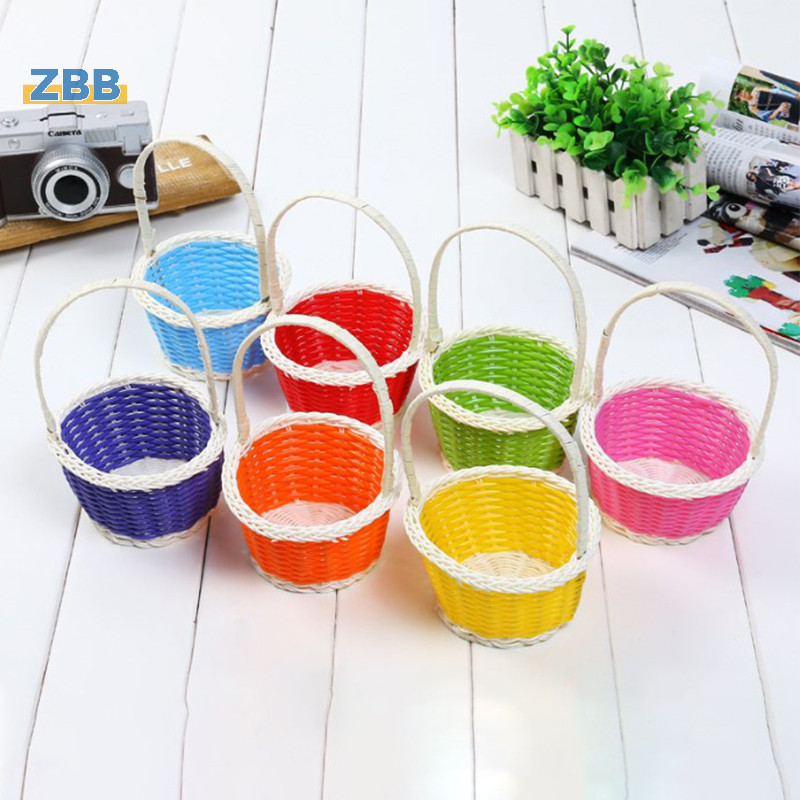 Zbb> ตะกร้าหวายสาน พลาสติก ทรงกลม สีฟ้า สําหรับเก็บไข่อีสเตอร์ ของขวัญ