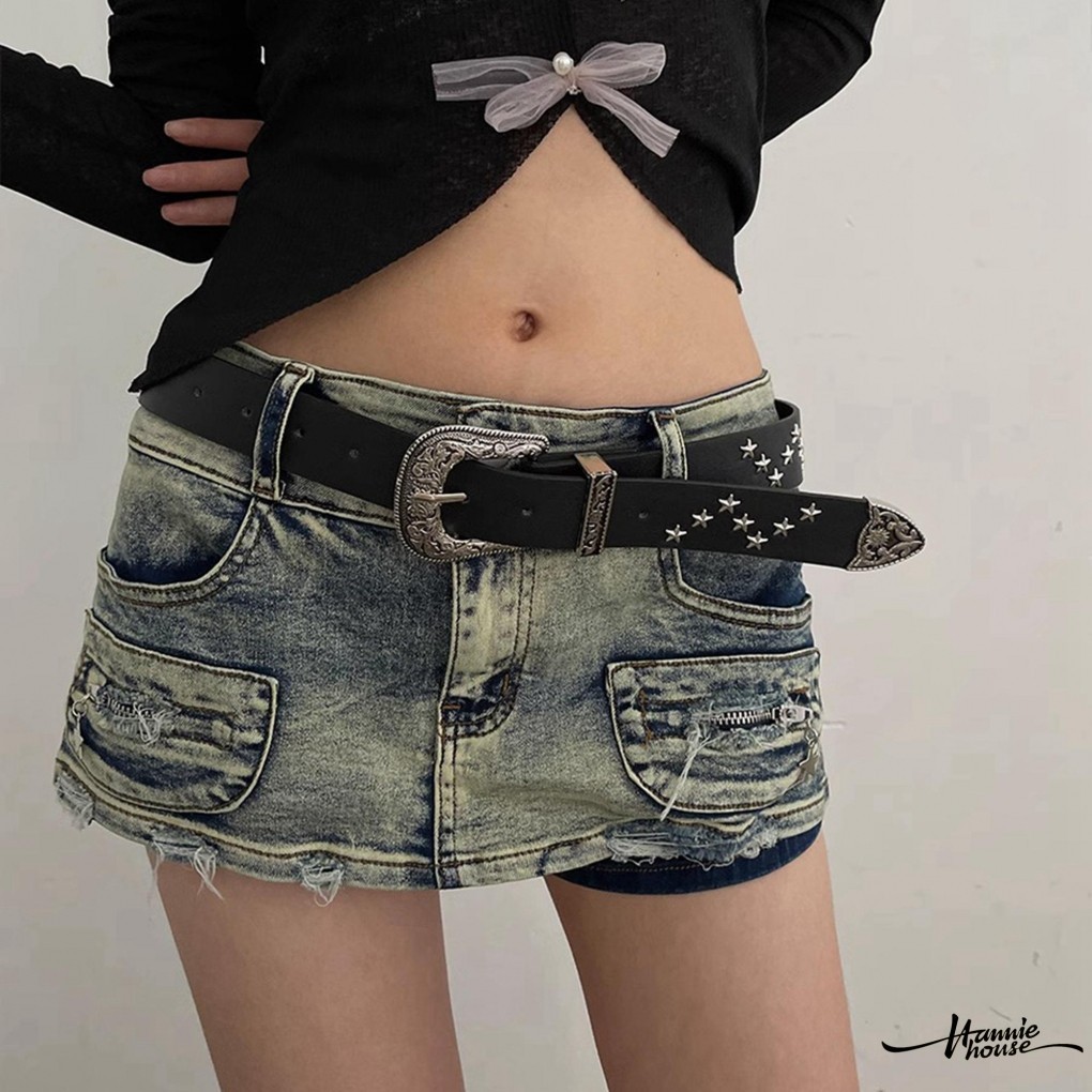 Hannie- เข็มขัดหนัง PU หัวเข็มขัดกว้าง รูปดาว สไตล์วินเทจ สําหรับผู้หญิง
