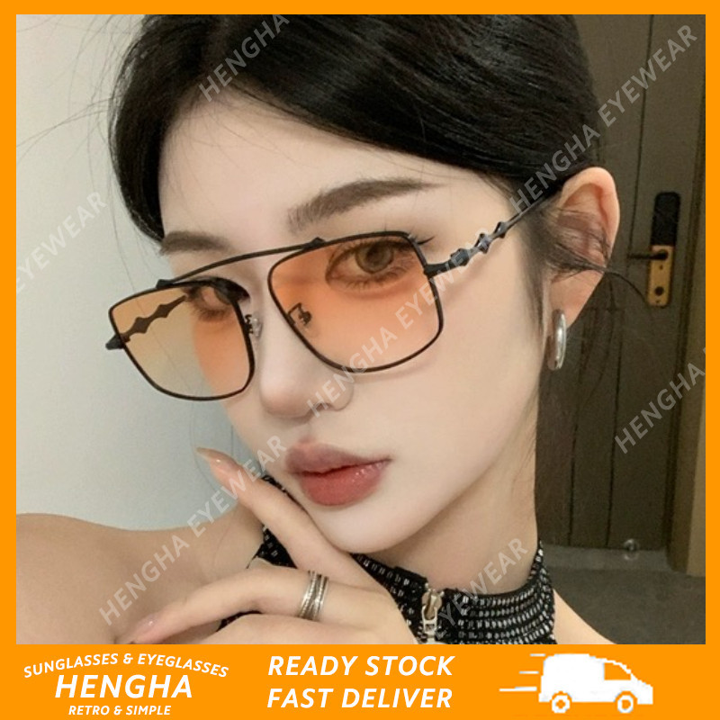 (HENGHA) แว่นตากันแดด กรอบโลหะ สีเงิน แฟชั่นเกาหลี