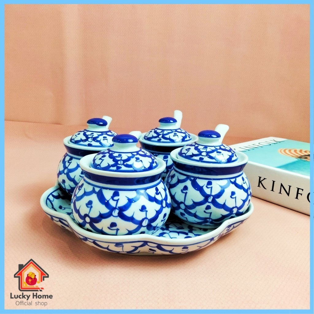 โหลใส่เครื่องปรุง ลายไทย (1 ชุด ได้ จานรอง +โถเครื่องปรุง+ช้อนเซรามิค) ชุดเครื่องปรุงเซรามิค