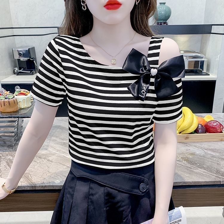 ลูกปัดโบว์รั่วไหล่ครึ่งเสื้อยืดผู้หญิงฤดูร้อนเสื้อยืดผู้หญิงครึ่งแขน