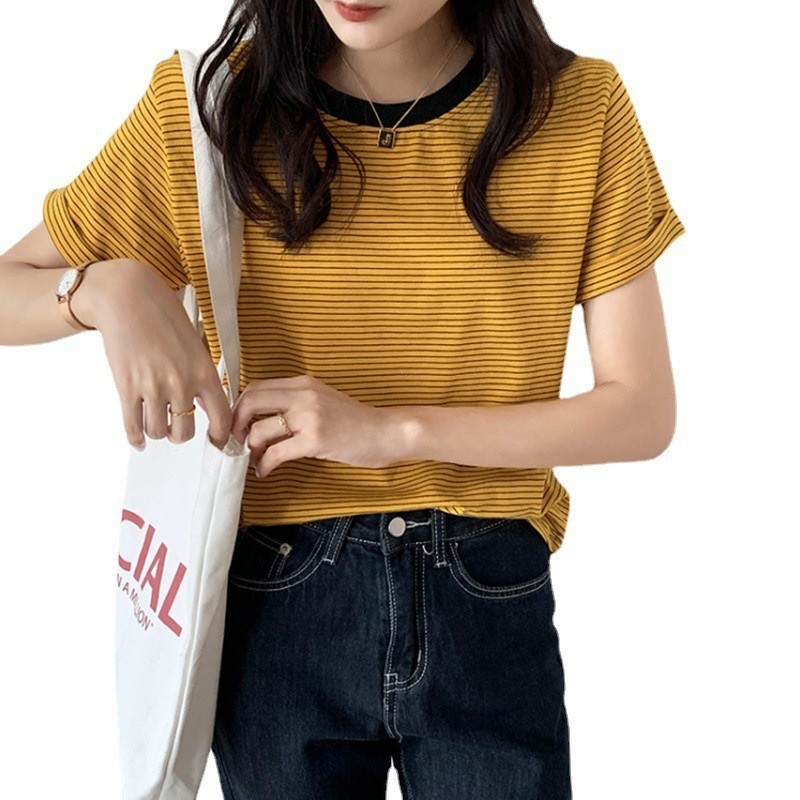 NINGFASHION เสื้อครอป เสื้อยืดลายริ้ว คอกลม สวมใส่สบาย รุ่นW9990