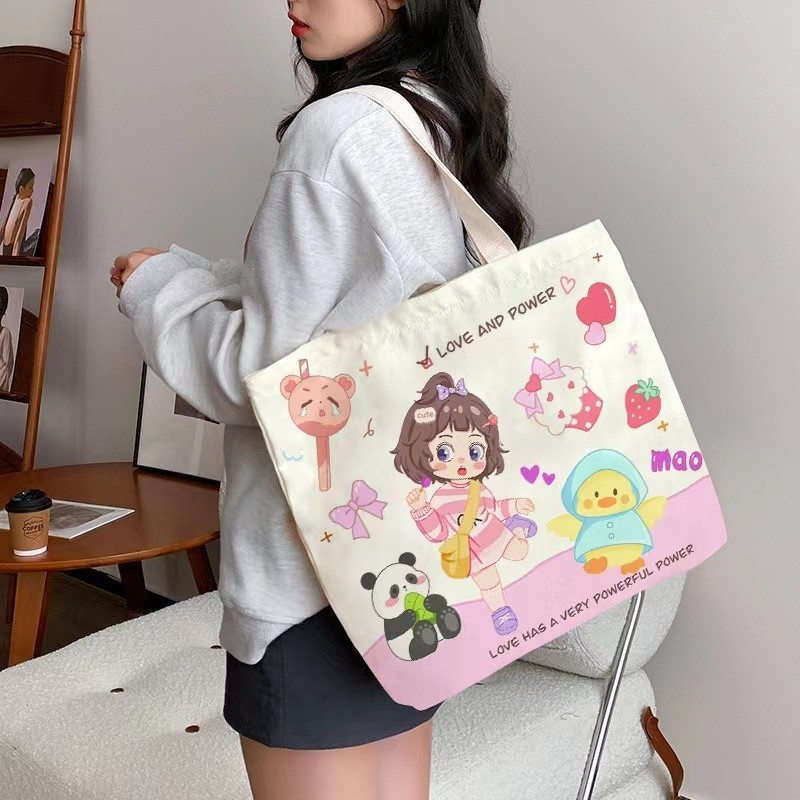 (A22) กระเป๋าผ้า แคนวาส ลายการ์ตูน แฟชั่น ใส่ของได้เยอะ มีซิป
