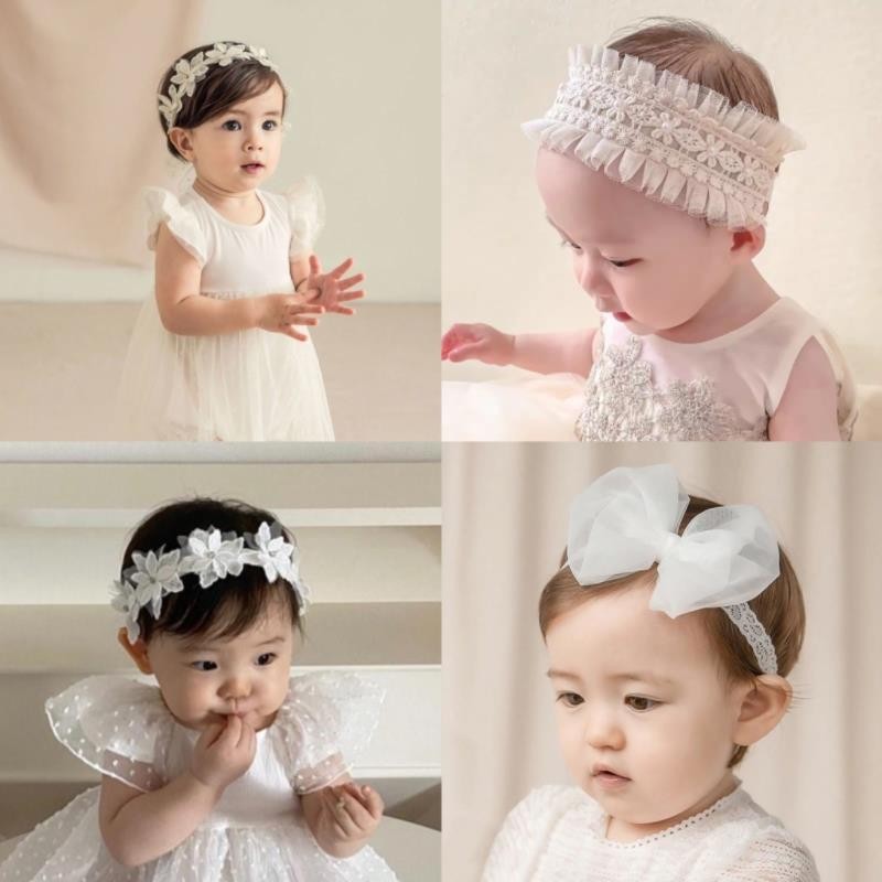 ที่คาดผมดอกไม้ลูกไม้เด็กสไตล์เจ้าหญิงปักโบว์เครื่องประดับผม