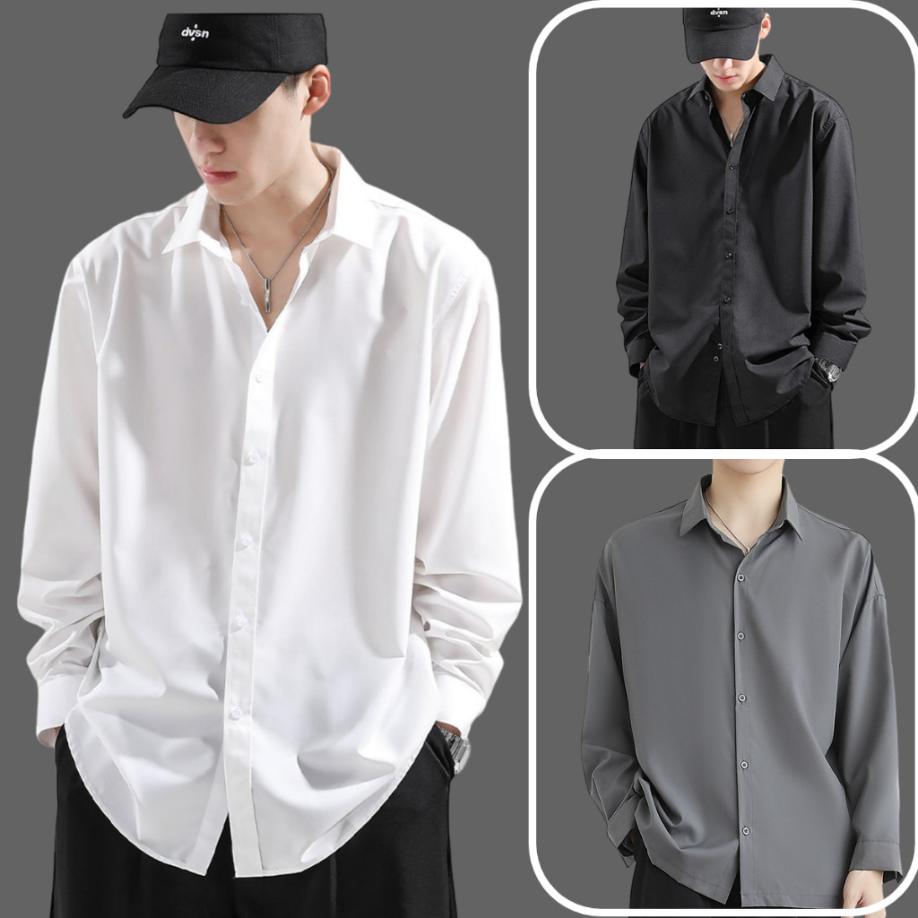 【เคลียร์สต๊อกราคาต่ำ】ผู้ชาย แขนยาว ผ้าใยน้ำแข็ง เสื้อ สไตล์เกาหลี สีทึบ เนื้อผ้านุ่ม สะดวกสบาย ไม่ต้องรีด มีความรู้สึกห้อยลงมา M-3XL