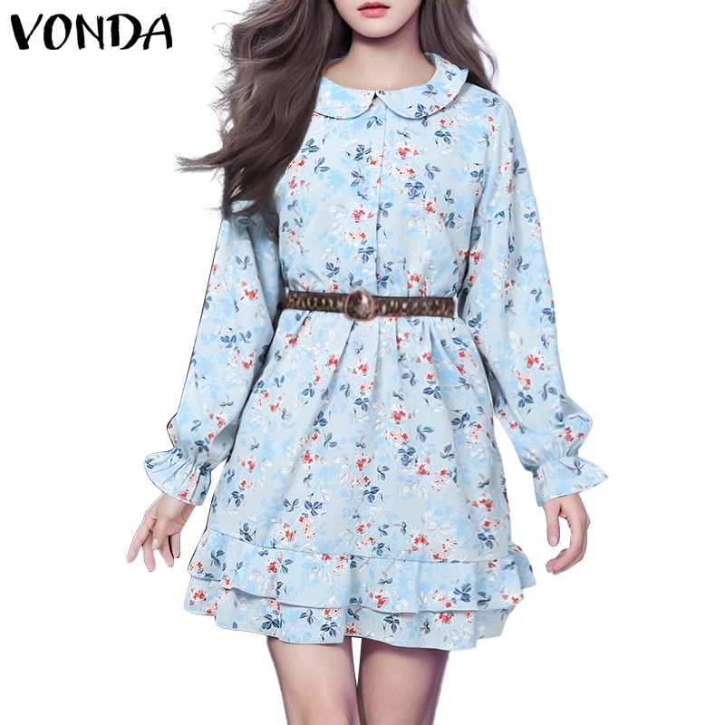 แย่ ผู้หญิงแฟชั่นเกาหลีดอกไม้พิมพ์ลําลองตุ๊กตาคอปกแขนยาวชุด