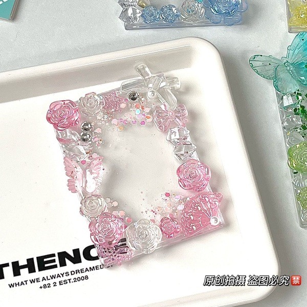 Steve Aesthetic Crushed Ice Flower Bow Atmosphere Shell Card Holder กาว UV Photo Card Holder