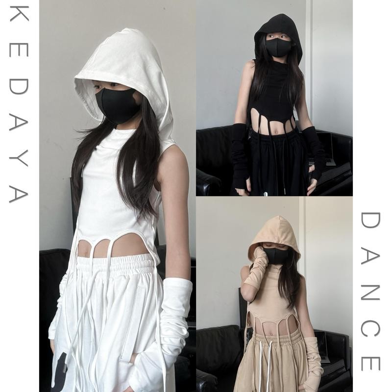 [KeDaYa] พร้อมส่ง เสื้อกั๊กมีฮู้ด + ถุงมือครึ่งนิ้ว สไตล์เกาหลี เสื้อครอปแฟรนจ์อเมริกัน ฮิปฮอปแฟชั่น ชุดเต้นเด็กสมัยใหม่ Y2K OOTD