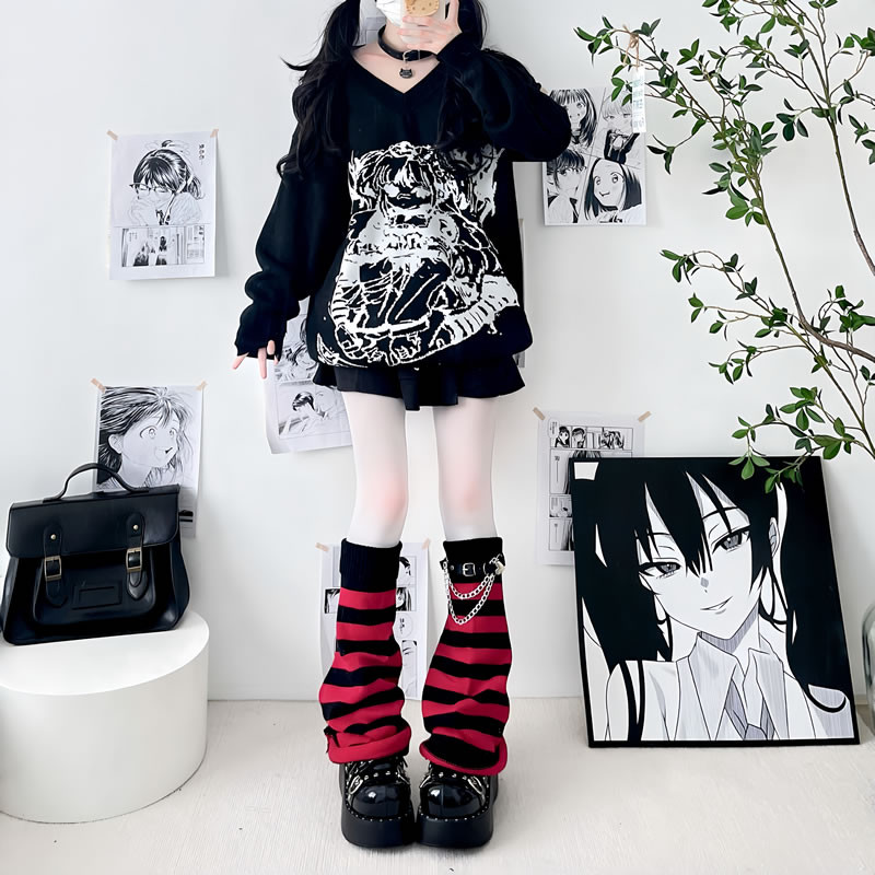 รักโซ่หนังหัวเข็มขัดถักถุงเท้าขากว้างสําหรับผู้หญิง ย2เค วัฒนธรรมย่อยขาบานชุดสีขาวบุคลิกภาพขาแหวนซ้อนกลางหลอดถุ - รูปที่ 5