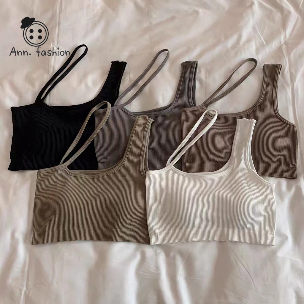 Ann Fashion เสื้อครอป เสื้อชั้นในมีฟองน้ำในตัว สปอร์ตบรา ผ้าร่อง สีพื้น ยืดหยุ่นดี #B4