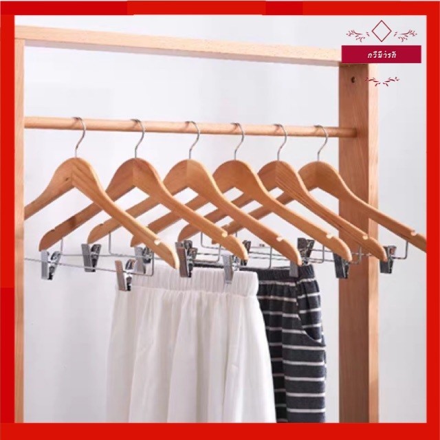 🥝กีวีน่ารัก🥝 ไม้แขวนเสื้อไม้ทึบพร้อมคลิปเหล็ก 45cm（12 ชิ้น / 6 ชิ้น）Y-08