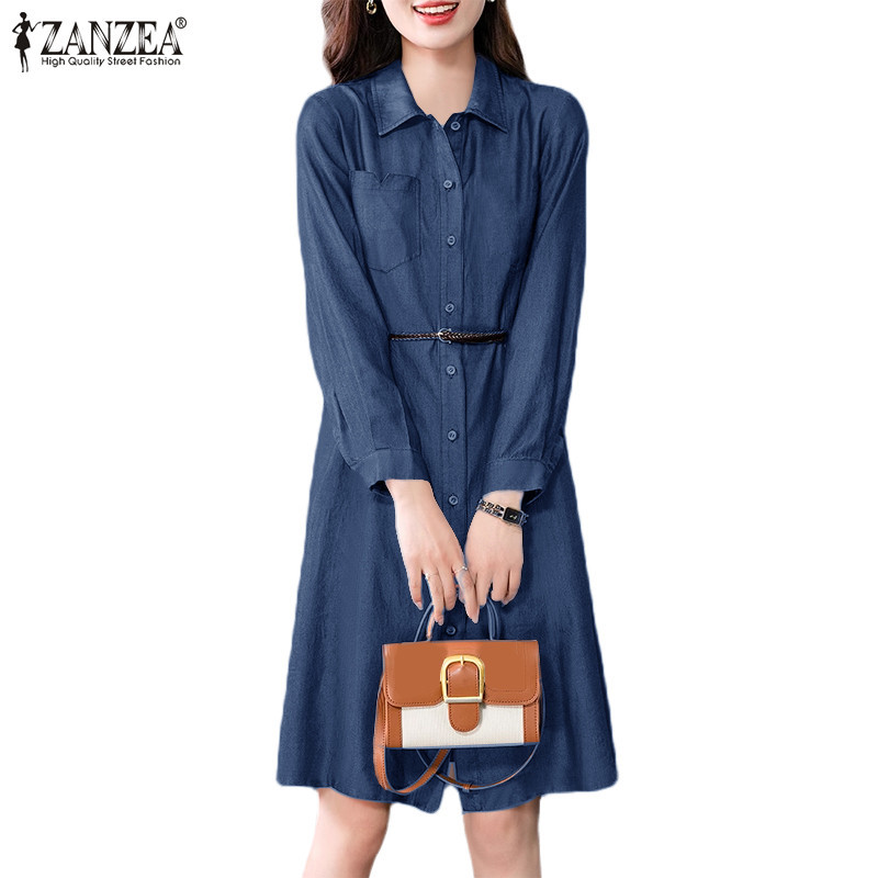 Zanzea ชุดเดรส ทรงเอ ทรงหลวม มีกระเป๋าเสื้อ สีพื้น สไตล์เกาหลี สําหรับผู้หญิง
