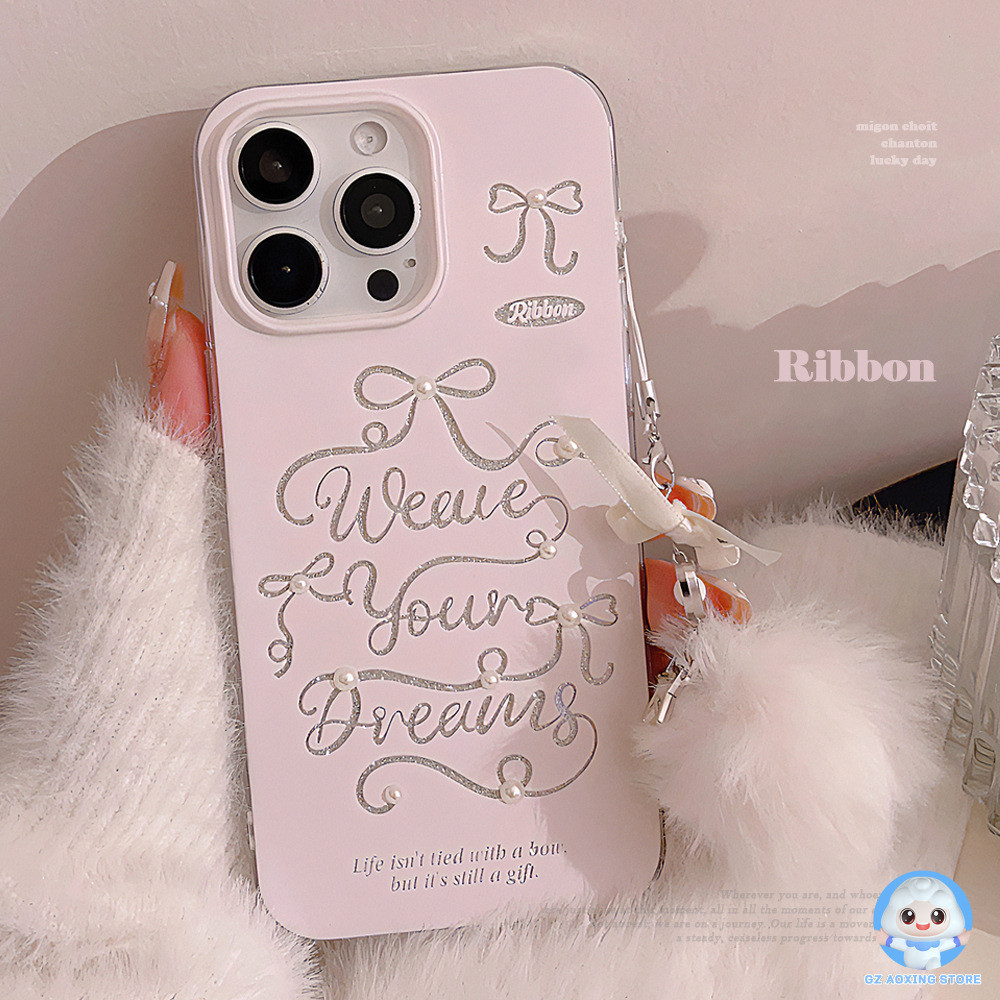 เคสโทรศัพท์มือถือ ซิลิโคน ประดับโบว์สีชมพู พร้อมสายโซ่คล้อง สําหรับ Iphone SE2020 7 8 Plus 15 14 X XR XM 11 12 13 PRO MAX GK1352