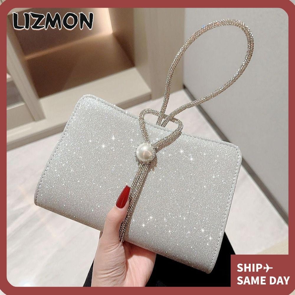 Lizmon กระเป๋าสะพายไหล่ ทรงคลัทช์ ประดับพลอยเทียม สีดําสว่าง แฟชั่น สําหรับงานเลี้ยง งานแต่งงาน