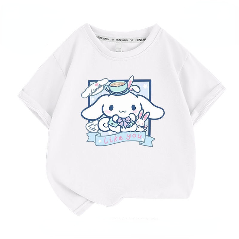 เสื้อยืดแขนสั้น พิมพ์ลายการ์ตูนสุนัข Cinnamoroll ทรงหลวม แฟชั่นฤดูร้อน สําหรับเด็กผู้หญิง 2024