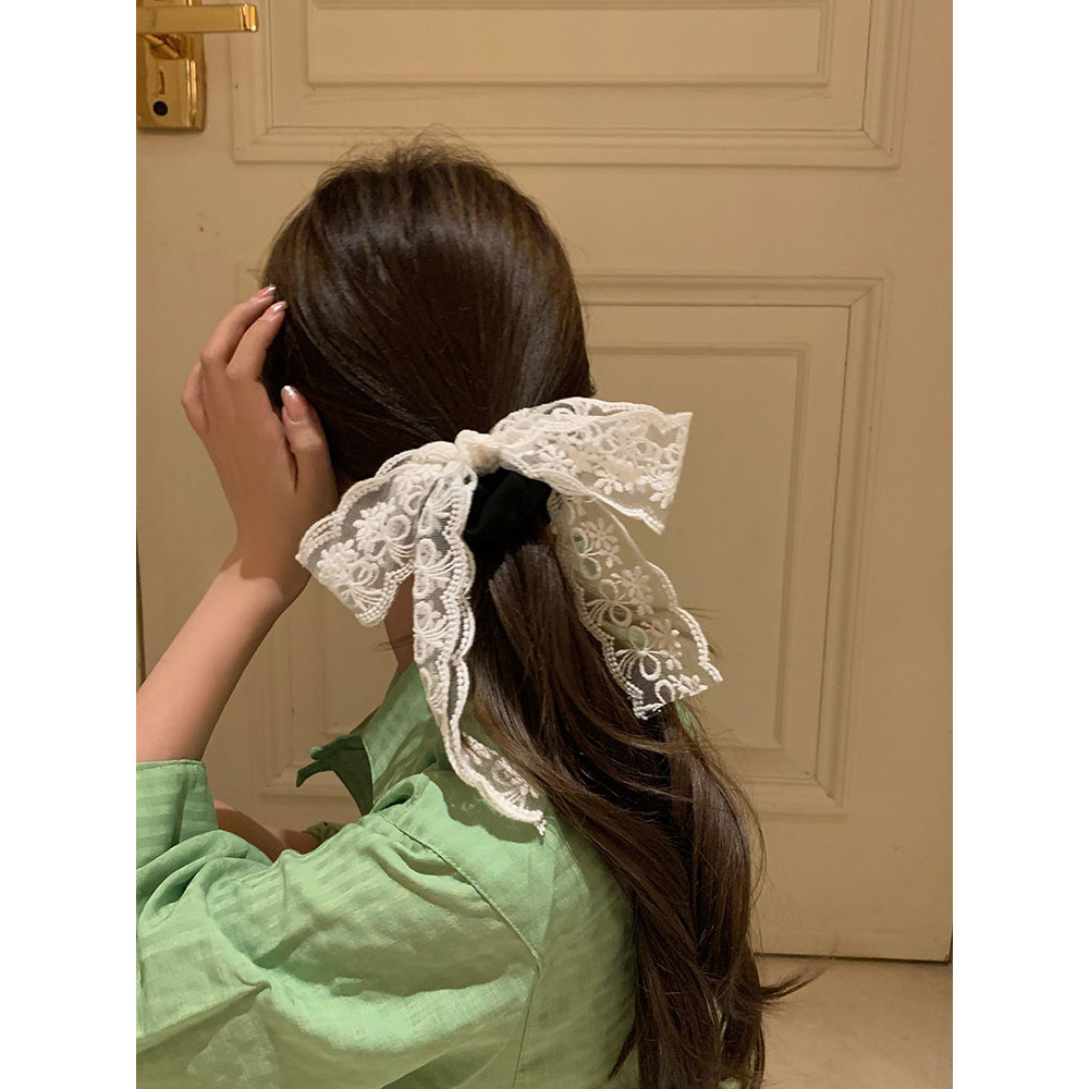 ยางมัดผม ริบบิ้นยาว แต่งลูกไม้ ลายดอกไม้ สีขาว เข้ากับทุกการแต่งกาย สไตล์ฝรั่งเศส คลาสสิก เรโทร
