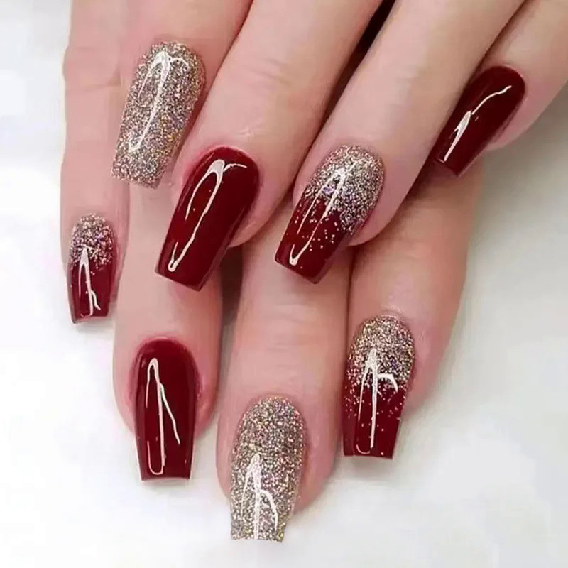 24 ชิ้น/เซ็ตไวน์แดงยาวบัลเล่ต์เล็บปลอมทอง Glitter Gradient ประดิษฐ์ที่ถอดออกได้อะคริลิคกดบนเล็บ Art Stick บนเล็บ