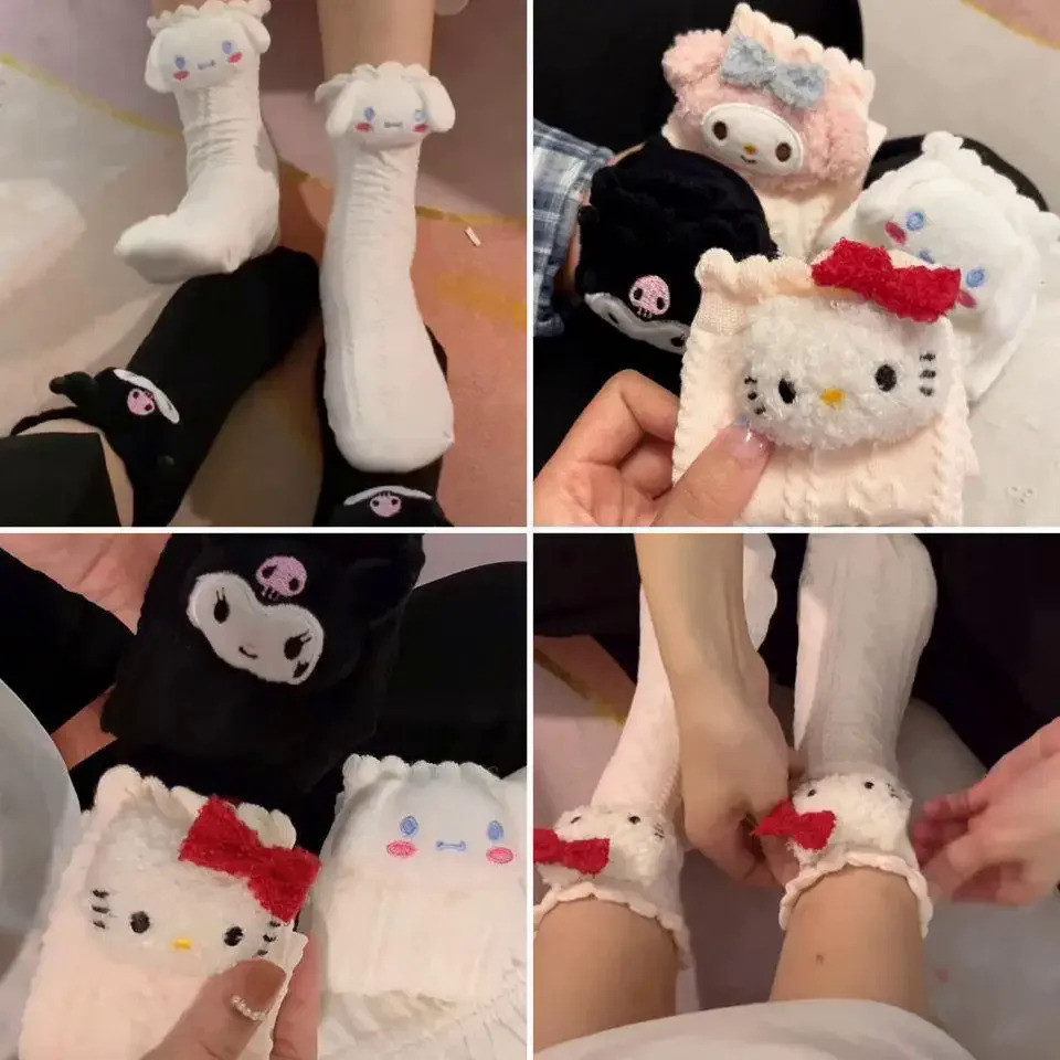 SANRIO ถุงเท้า ผ้าฝ้าย ลายการ์ตูน Kuromi My Melody Cinnamoroll Hello Kitty น่ารัก ให้ความอบอุ่น เหมาะกับของขวัญ แฟชั่นฤดูใบไม้ร่วง สําหรับสุภาพสตรี