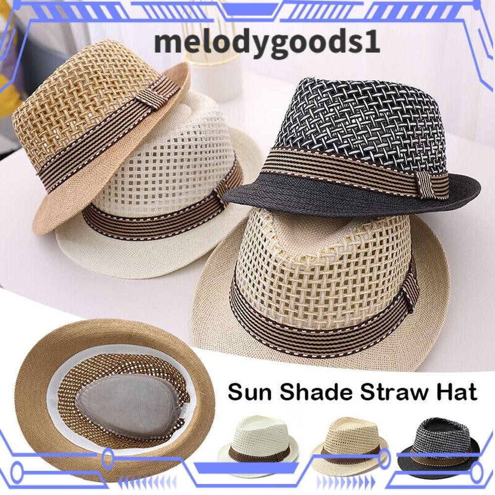 Melodygoods1 หมวกฟาง Fedora หมวกฟาง ระบายอากาศ กันแดด ปีกสั้น กลางแจ้ง หมวกดอกไม้ Trilby ฤดูร้อน